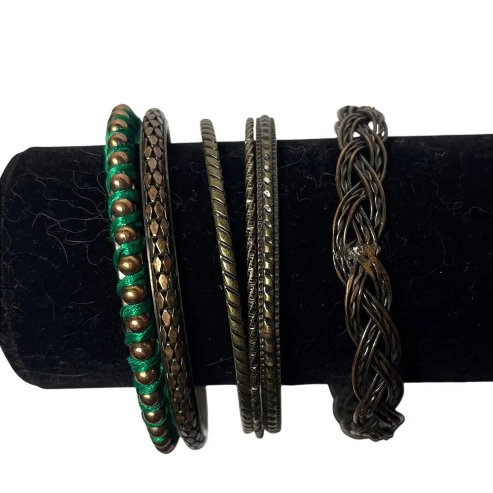 Mixed Brass Tone Bangle Bracelet Lot of 5 Stack Green Wrapped Braided Textured